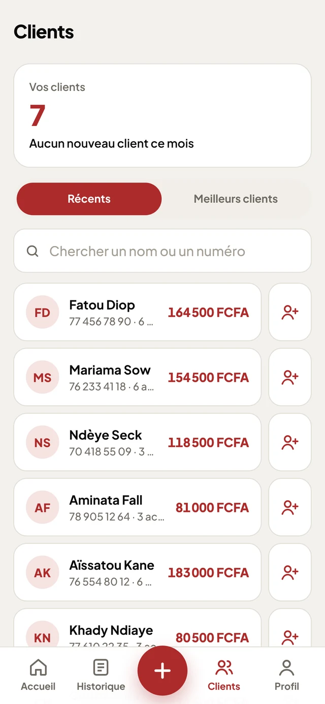 Onglet Clients : les clients enregistrés automatiquement, avec le total de leurs achats
