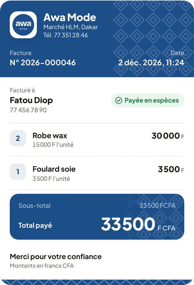 Exemple de facture FIÏLA aux couleurs de la boutique